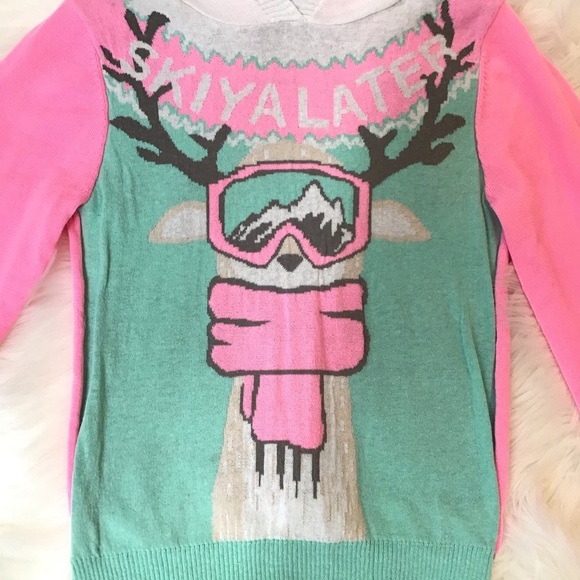 Juniors Holiday Sweater Reindeer Skiing Hooded Pullover Sweater - Picture 2 of 6